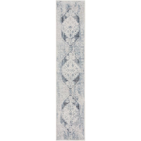 Nourison Astra Machine Washable Blue Ivory 2 ft. x 6 ft. Distressed Traditional Runner Area Rug
