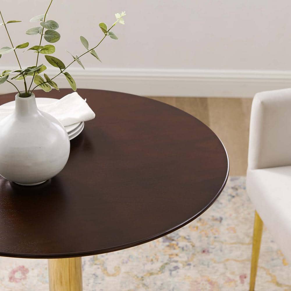 Mid-Century Modern Cherry Wood 28" Round Dining Table with Gold Pedestal