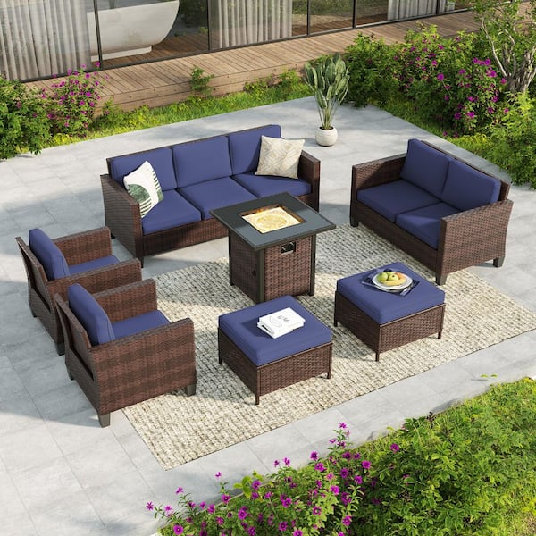 JOYESERY 7-Pieces Patio Conversation Set with Square Fire Pit Table and Loveseat, Brown Wicker with Navy Blue Cushions