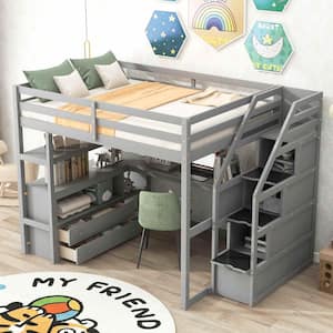 Full Size Loft Bed with Desk and Shelves, 2 Built-in Drawers, Storage Staircase, Gray