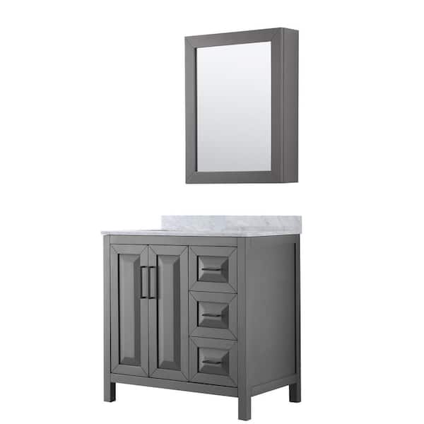 Wyndham Collection Daria 36 in. W x 22 in. D x 35.75 in. H Single Bath Vanity in Dark Gray with White Carrara Marble Top and Mirror