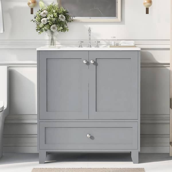 grossag 30 in. W x 18 in. D x 33.8 in. H Gray Freestanding Bathroom Vanity with Single Sink and White Ceramic Top