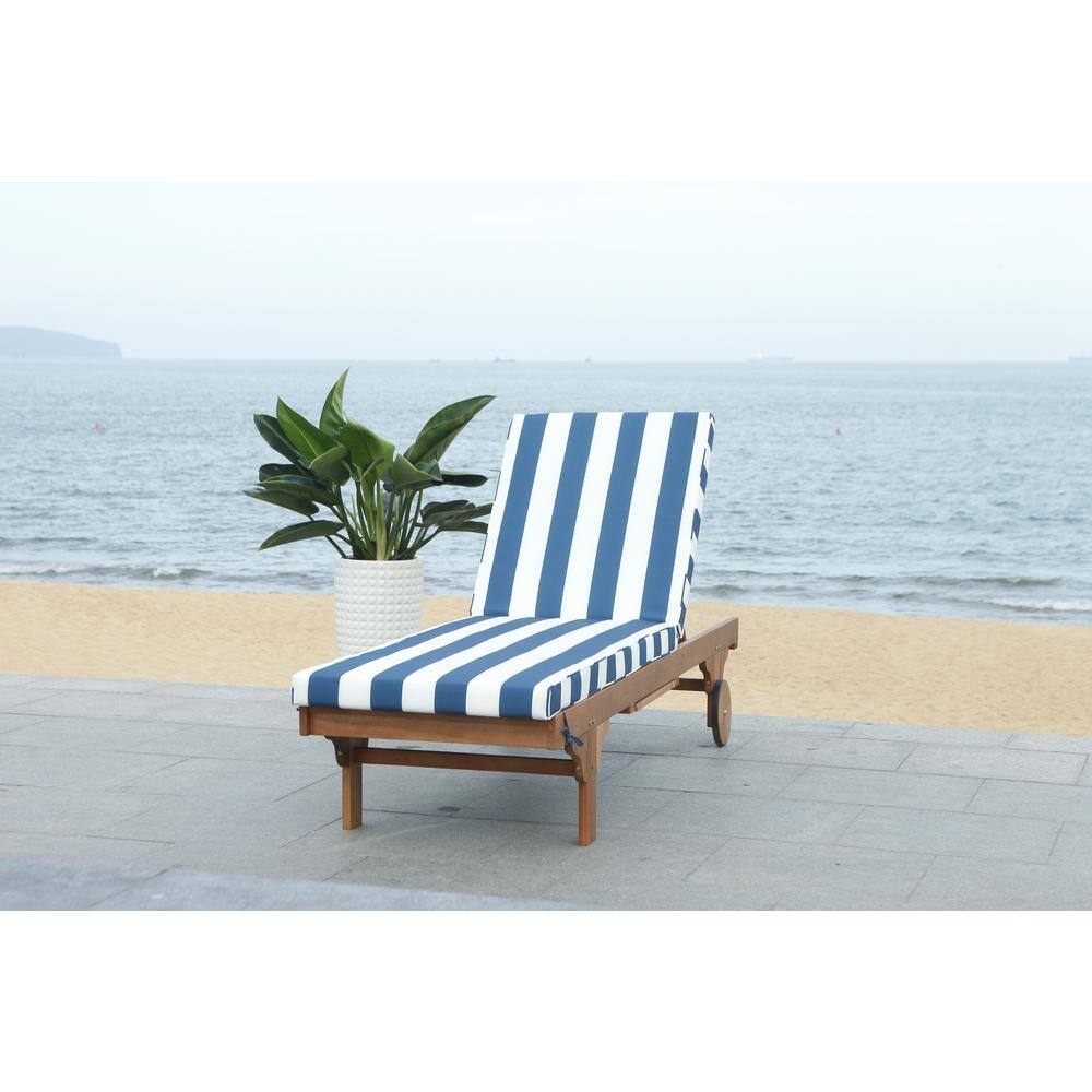 Natural Eucalyptus Wood Outdoor Chaise Lounge with Navy Striped Cushion