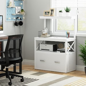 Earl White Particle Board Lateral File Cabinet Printer Stand with 3 Open Shelves and 1 Drawer