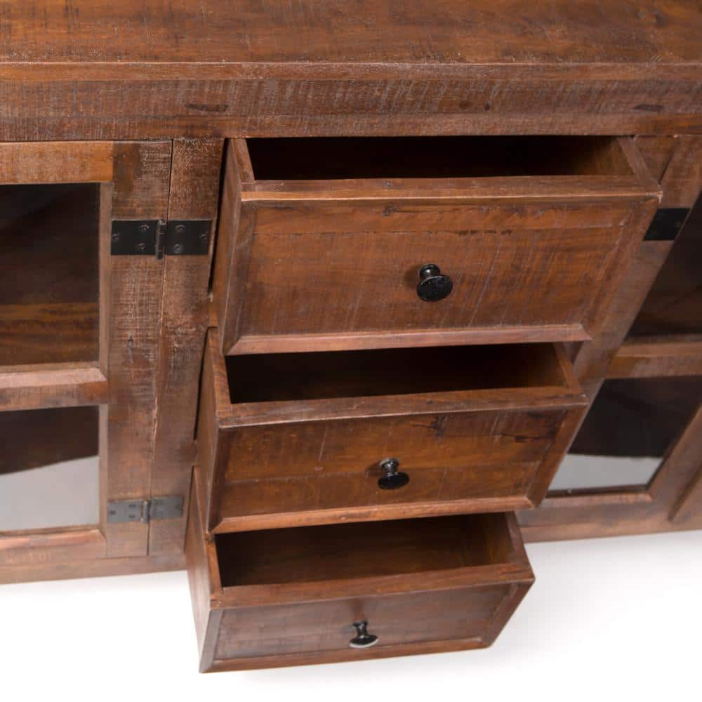 Rustic Charm 72'' Solid Mango Wood Sideboard with Cast Iron Wheels
