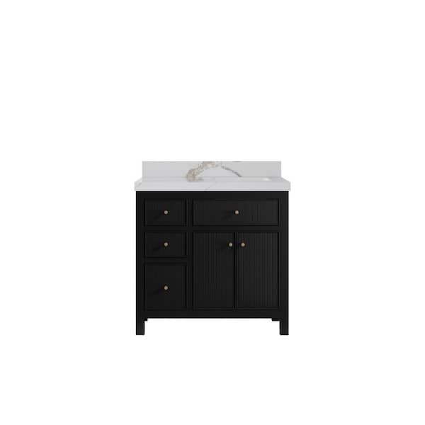 Willow Collections Sonoma 36 in. Right Sink Freestanding Black Bath Vanity with Calacatta Gold Quartz Top Unassembled