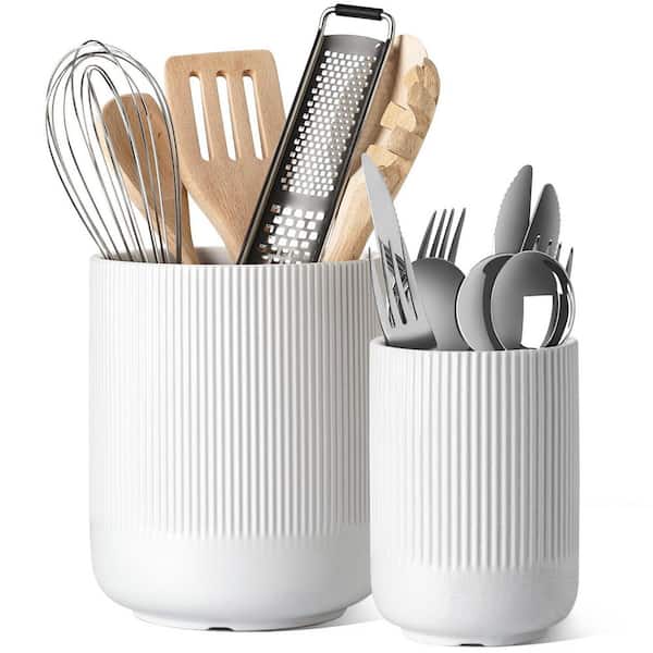 White Ceramic Kitchen Utensil Holder for Countertop, Large Cooking Utensil Crocks for Kitchen Counter Decor
