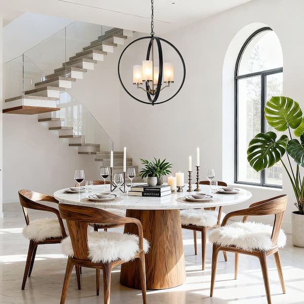Modern Dining Room Globe Chandelier 4-Light Black and Brass Round Chandelier with Frosted Glass Shade