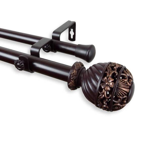 Rod Desyne 120 in. - 170 in. Telescoping 1 in. Double Curtain Rod Kit in Mahogany with Lanette Finial