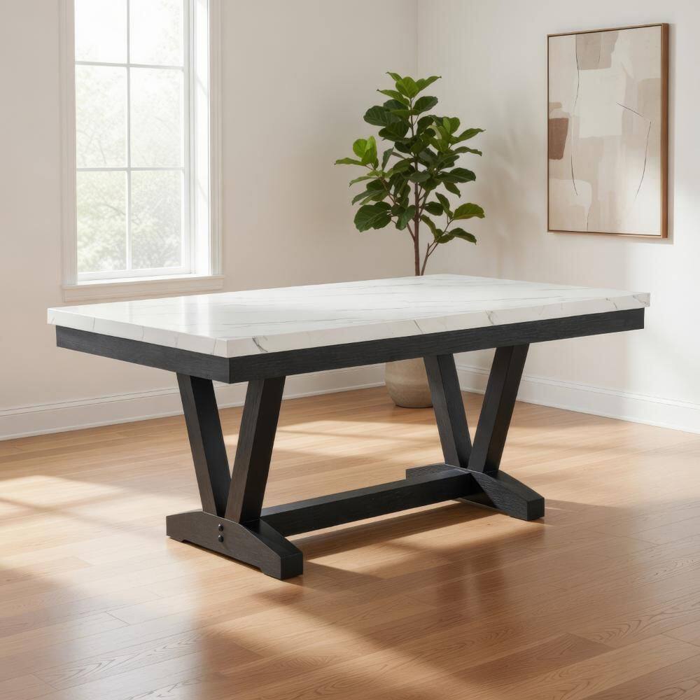 Benjara Vinz Black and White Faux Marble 72 in. Trestle Base Dining ...