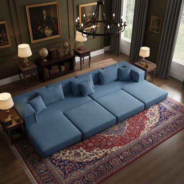 BYUK 157.5 in. Corduroy Oversized Modular Sofa Bed with 6 Pillows, Removable Covers, Multi-Combination, Navy Blue