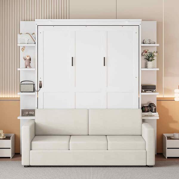 White Wood Frame Queen Size Murphy Bed with Sofa