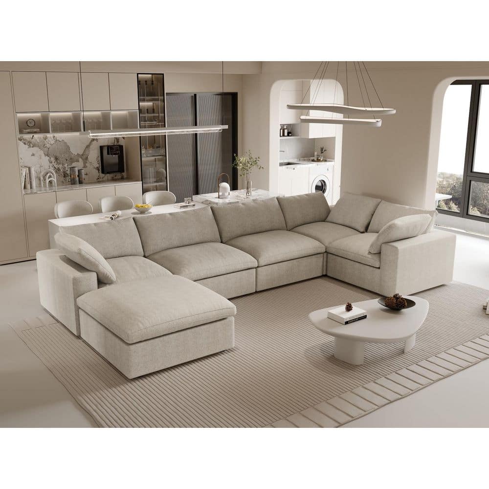 6-Piece 117.9 in. Square Arm Linen Modular Free Combination Sofa with Storage Ottoman in Brown