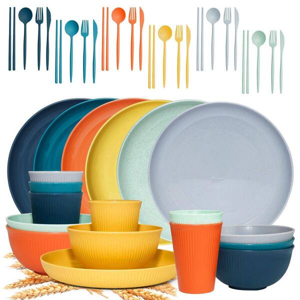 Wudkey 42-Piece Multi-Colored Wheat Straw Dinnerware Sets for 6