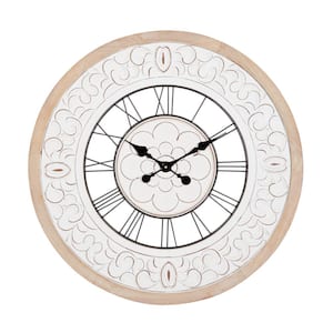 White Wood Carved Floral Analog Wall Clock