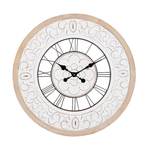 Litton Lane 32 in. x 32 in. White Wooden Carved Floral Wall Clock with Black Metal Accents