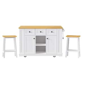 Oasis White Wood 53 in. Kitchen Island with 2 Bar Stools, Power Outlet, Door Internal Storage Rack, Kitchen Storage Cart