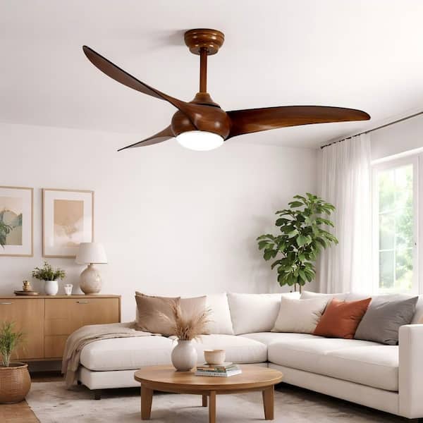 52 in. Black Housing and Brown ABS Blade Flush Mount Standard Outdoor Ceiling Fan with Remote Control, Quiet DC Motor