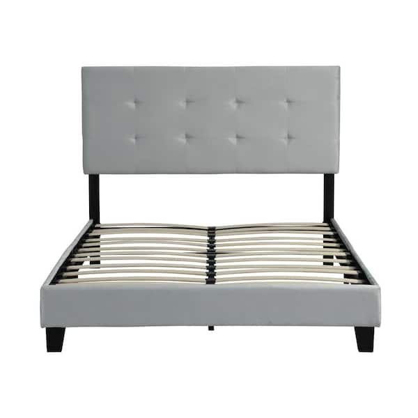 ANBAZAR 57.48 in. Gray Velvet Upholstered Wood Frame Full-Size Platform Bed with Pull Point Tufted Headboard, Strong Wood Slat