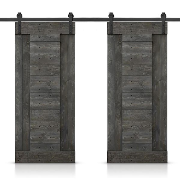CALHOME 72 in. x 84 in. Carbon Gray Stained DIY Knotty Pine Wood Interior Double Sliding Barn Door with Hardware Kit