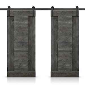 76 in. x 84 in. Carbon Gray Stained DIY Knotty Pine Wood Interior Double Sliding Barn Door with Hardware Kit