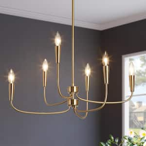 6-Light Plating Brass Candlestick Oblong Chandelier with Varying Lengths of Arms for Living Room with no Bulbs Included