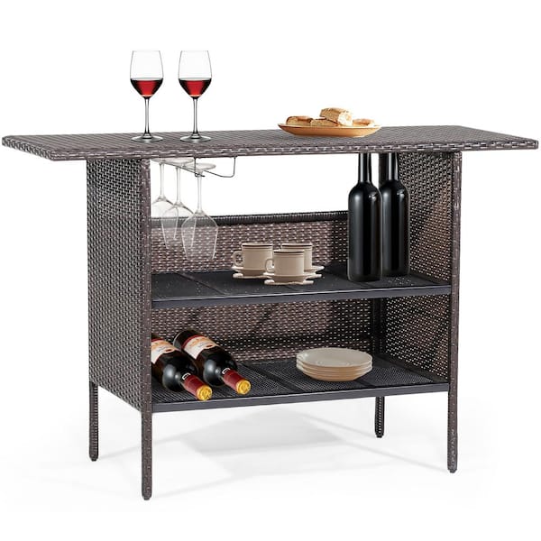 Costway Patio Rattan Wicker Counter Height Bar Outdoor Side Table Storage Shelf Rail Garden