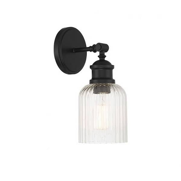 TUXEDO PARK LIGHTING 5 in. W x 12 in. H 1-Light Matte Black Wall Sconce with Ribbed Clear Glass Shade
