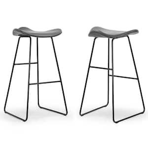 Aoi Grey Faux Leather Backless Bar Stool with Black Metal Legs (Set of 2)