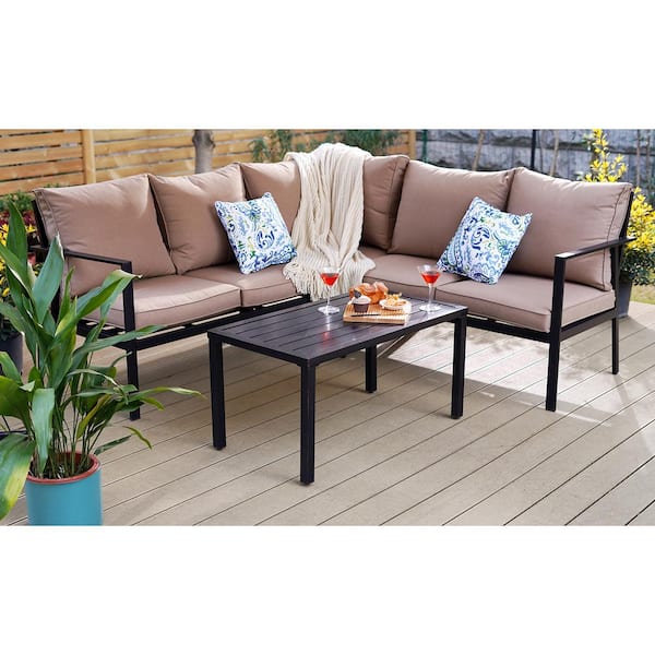 PHI VILLA Black 6-Pieces Metal Patio Conversation Sectional Seating Set with CushionGuard Beige Cushions