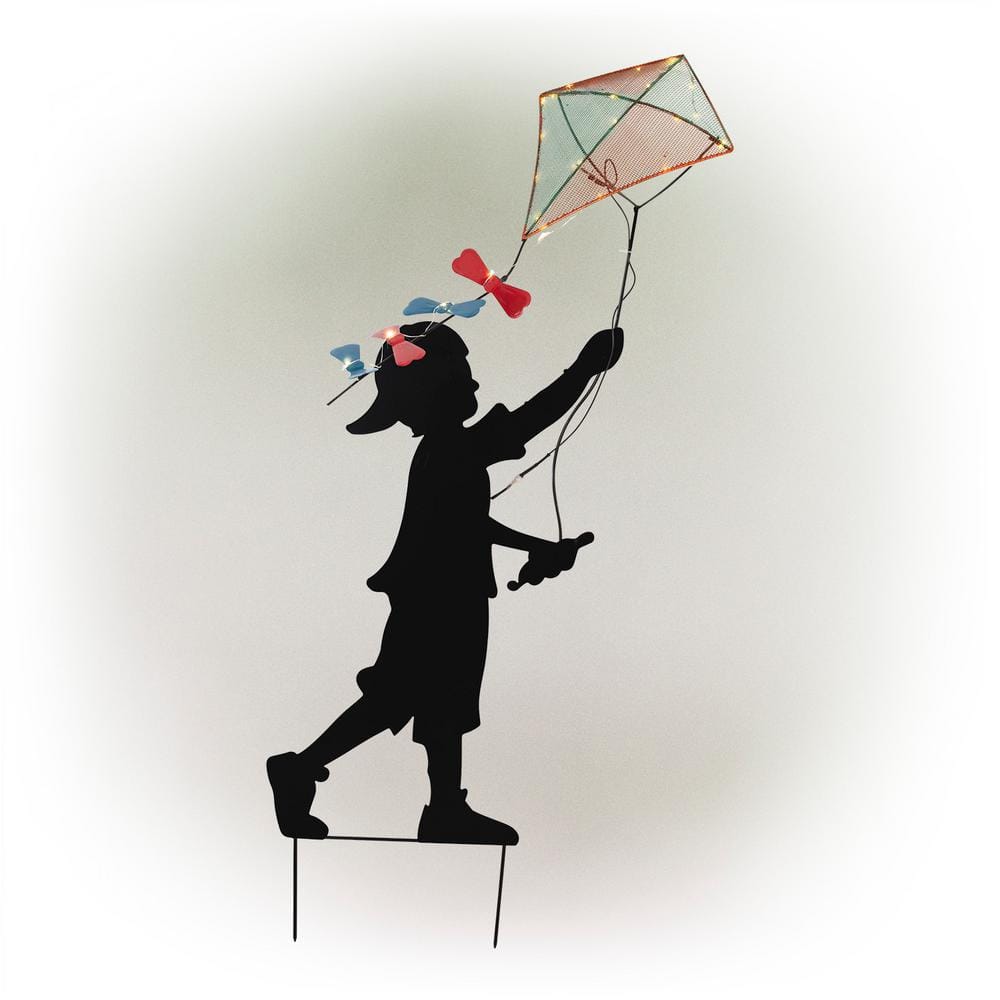 41 in. Tall Outdoor Solar Powered Garden Stake Boy Silhouette Flying Kite w