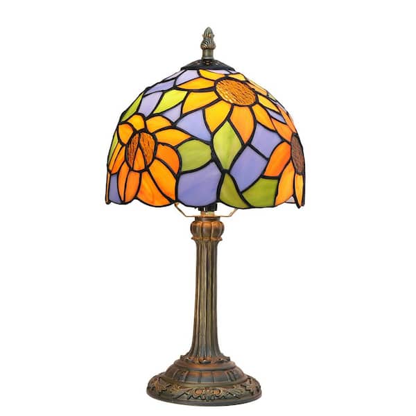 Lasaideal 14 in. Multi-Colored Tiffany Style Bronze Finish Table Lamp with Sunflower Stained Glass Lamp Shade