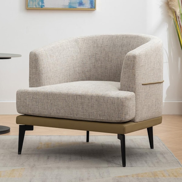 Harper & Bright Designs Light Gray and Mustard Green Linen, PU Leather Upholstered Arm Chair, Barrel Chair with Sturdy Metal Leg, Plywood Frame