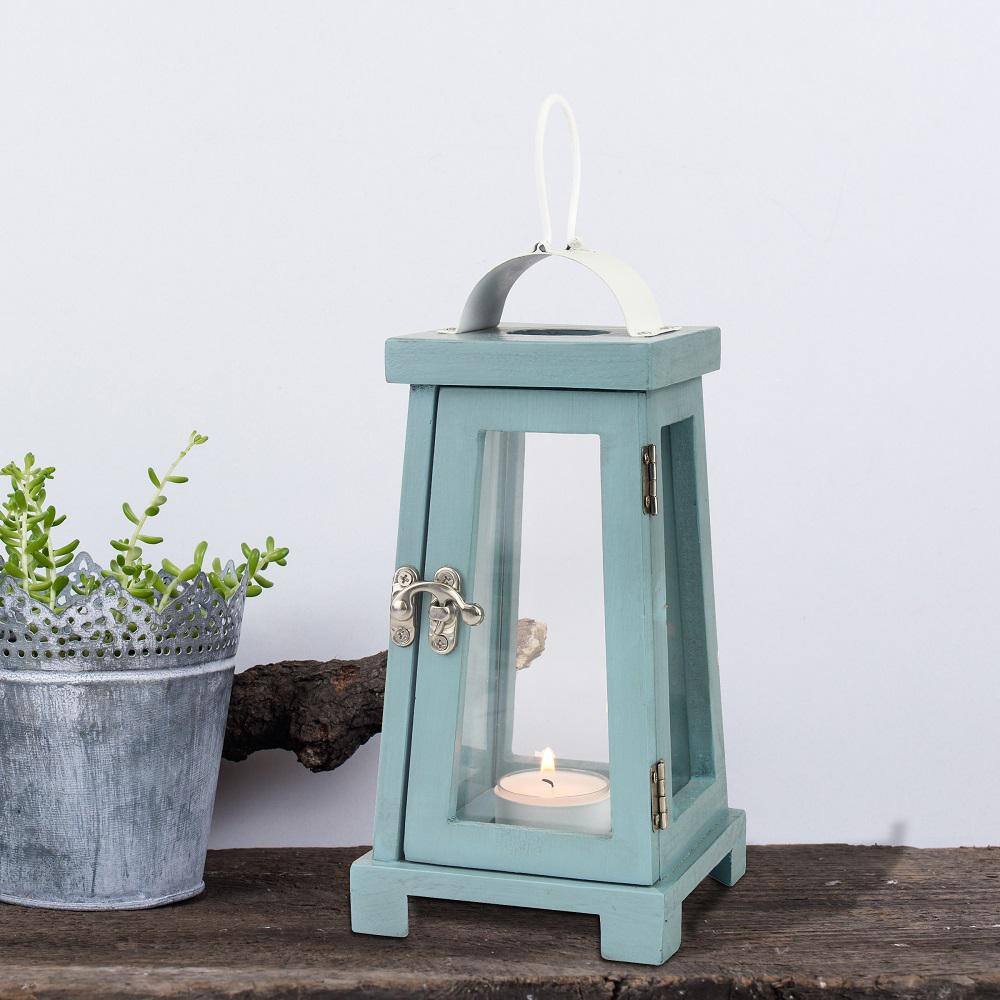 Nautical Blue Painted Wood Tabletop Hurricane Candle Lantern