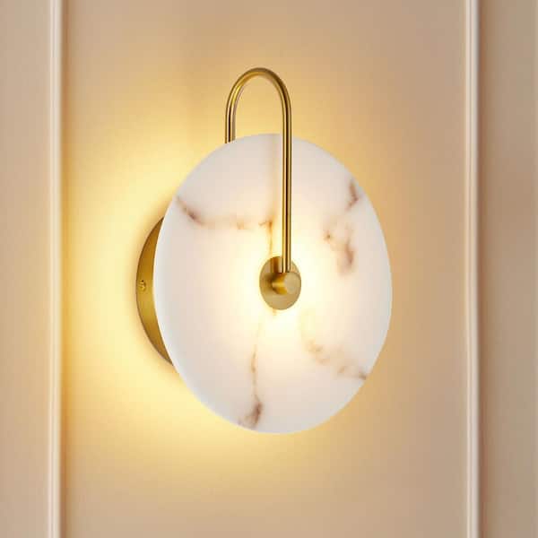 1-Light Faux Alabaster Brass LED Wall Sconce Natural Marble Wall Lighting for Living Room Bedroom and Corridor
