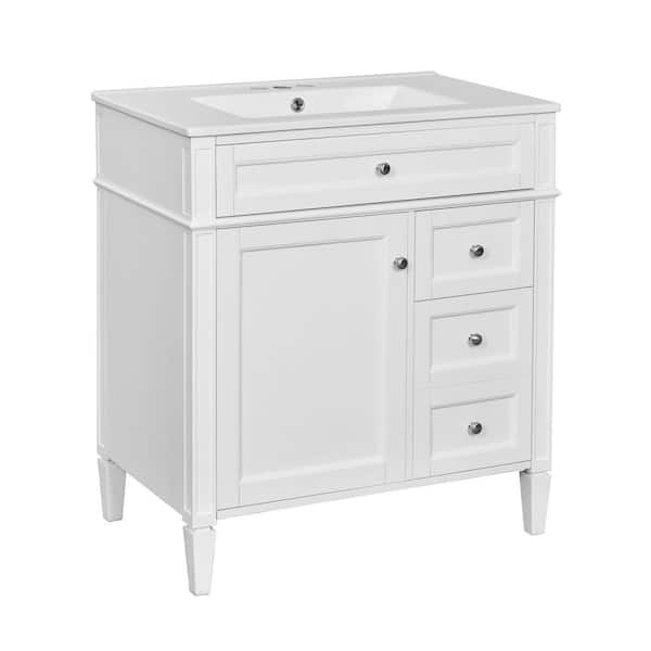 30 in. W x 18 in. D x 33 in. H Single Sink Freestanding White Bath Vanity with White Ceramic Top and Tip-out Drawer