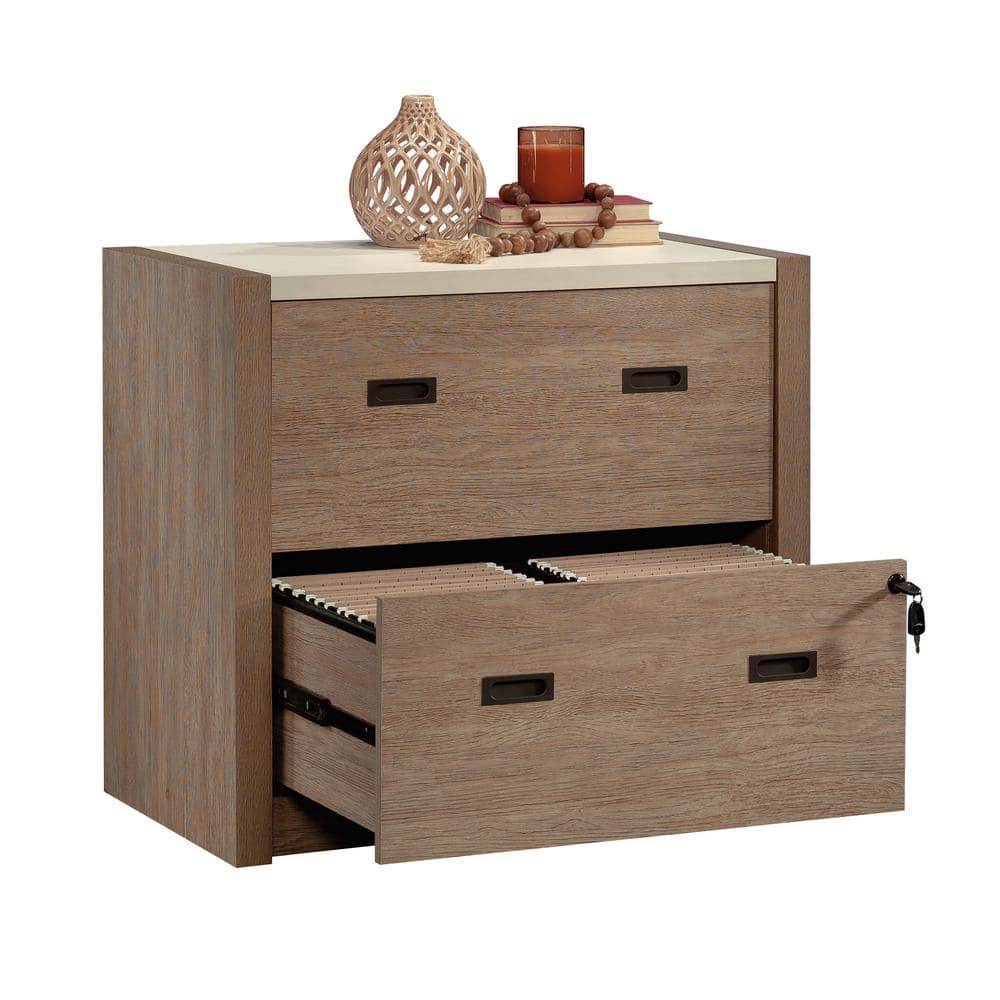 Brushed Oak 2-Drawer Lockable Lateral File Cabinet with Pebble White Accent