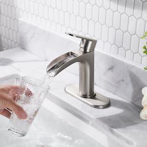 Waterfall Bathroom Faucet with Metal Pop-up Drain, Single Handle Bathroom Sink Faucet Brushed Nickel in Bathroom