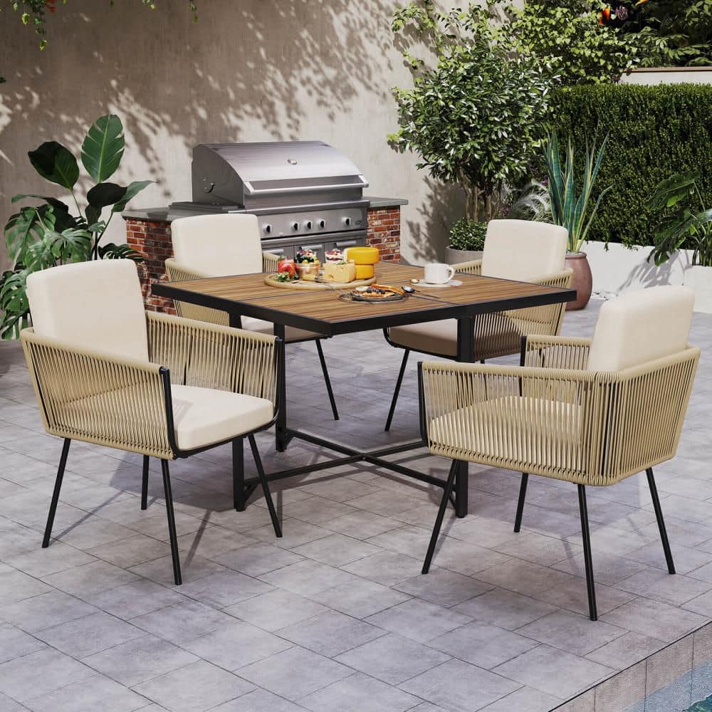 5-Piece Wicker Outdoor Dining Set Patio Rectangular Table and Chairs Furniture Set with White Cushions