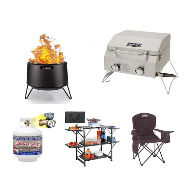20 in. Smokeless Fire Pit, 2-Burner Grill, 20 lb. Propane Cylinder, Camping Table and Steel Camping Chair Combo