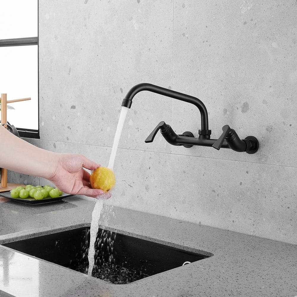 Matte Black Double-Handle Wall-Mount Kitchen Faucet