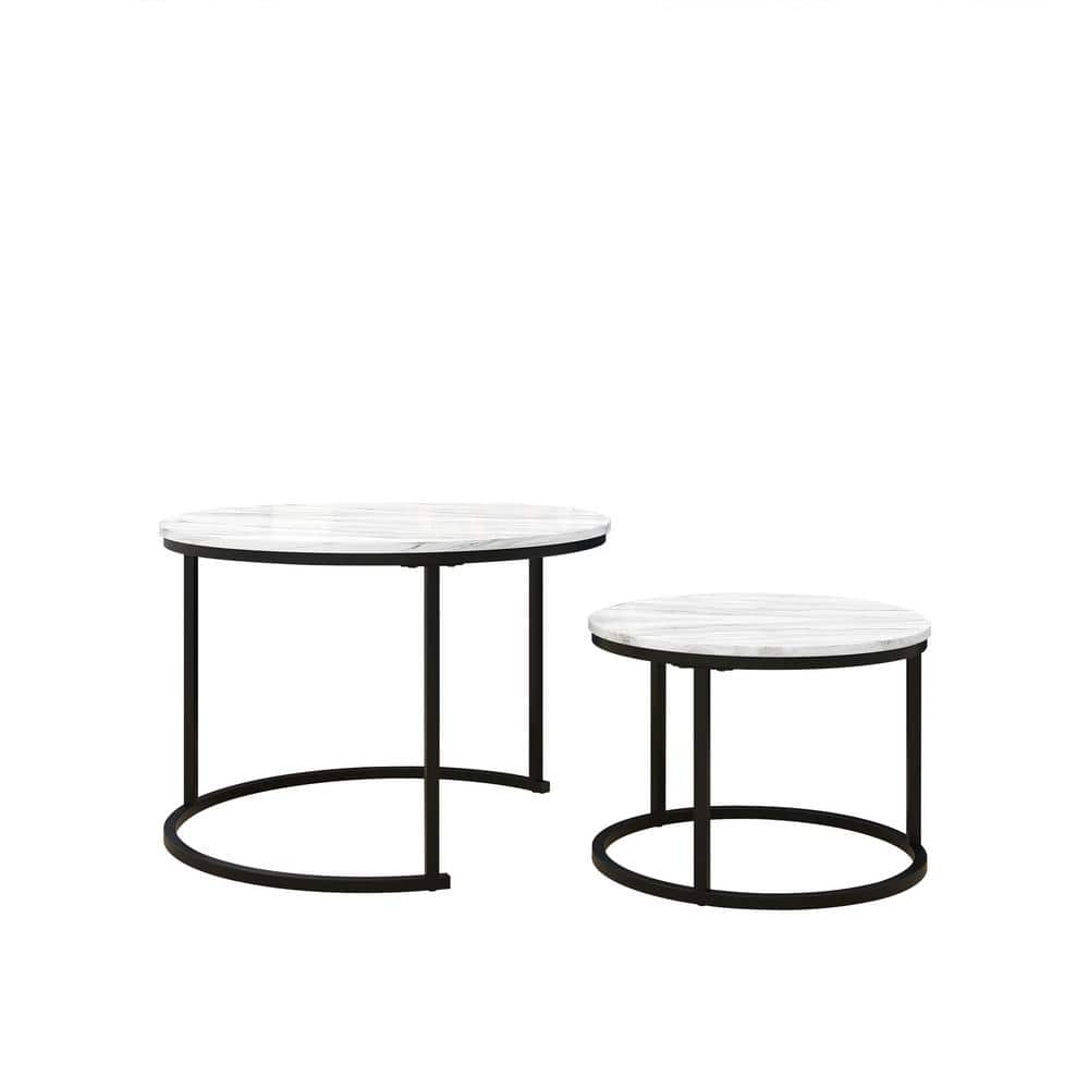 Sudzendf Black White Round Metal & Wood Outdoor Coffee Table Set of 2