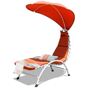 Metal Outdoor Patio Chaise Lounger Chair with Canopy and Orange Cushions
