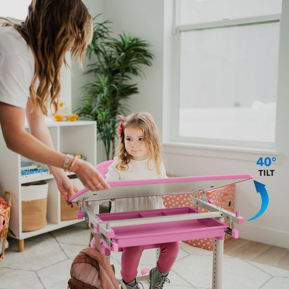 Pink Adjustable Height Kids Desk and Chair Set with Storage Drawer