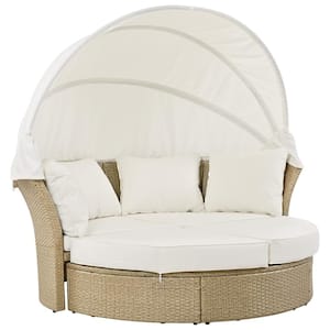 Wicker Outdoor Day Bed, Round Sofa Furniture Set with Retractable Canopy, 4-Pillows for Lawn Garden and Beige Cushions
