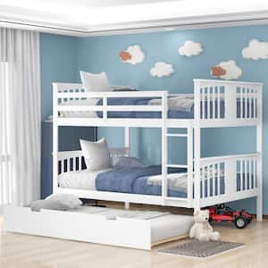 White Full Wood Bunk Bed with Twin Size Trundle and Ladder