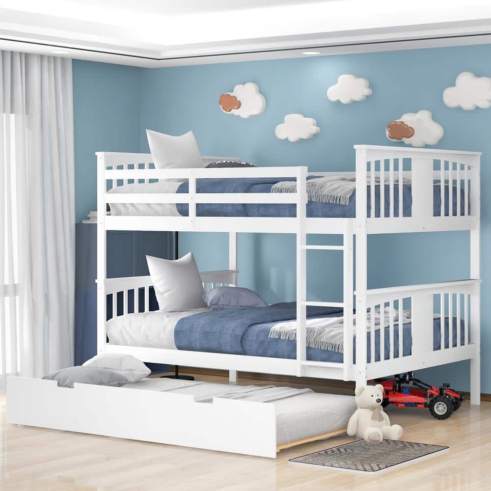 Harper & Bright Designs White Full Wood Bunk Bed with Twin Size Trundle and Ladder - 1