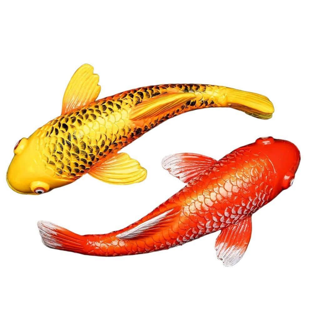 Set of 2 Koi Fish Garden Stakes, Red & Gold Resin Sculptures