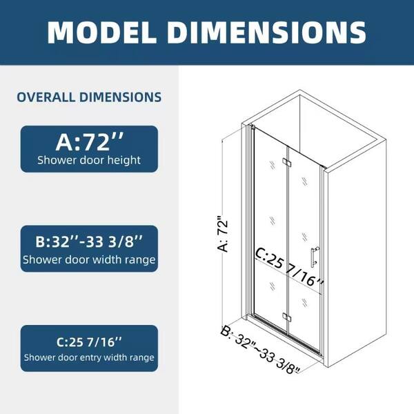 FORCLOVER 32 in. W to 33-3/8 in. W x 72 in. H Bi-Fold Frameless Shower Door in Chrome with Clear Glass