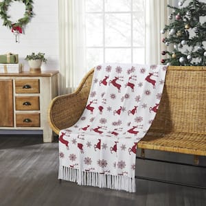 Scandia Red White Reindeer Snowflake Woven Throw Blanket